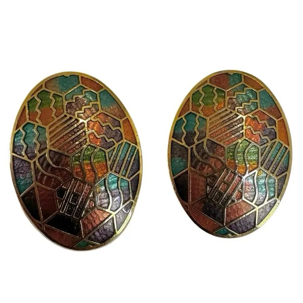 Vintage Multicolor Cloisonné Oval Earrings